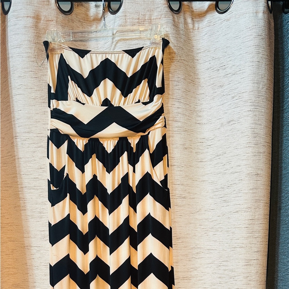 Chevron Black and Cream Strapless Dress
